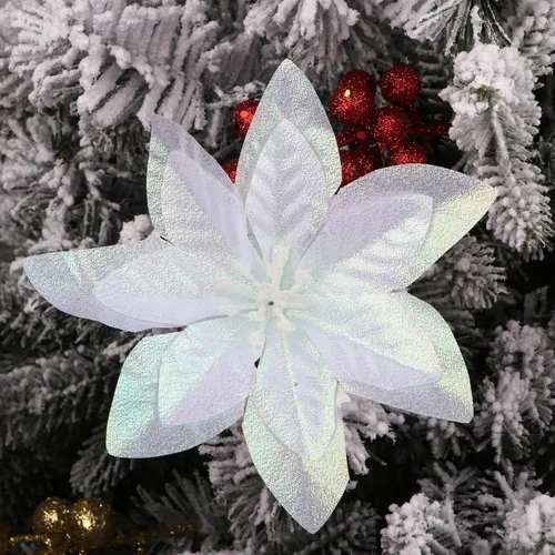 Vista 4 de YYCRAFT 12 flores artificiales de seda brillante con purpurina para decoración de árbol de Navidad (plata, 8 pulgadas)