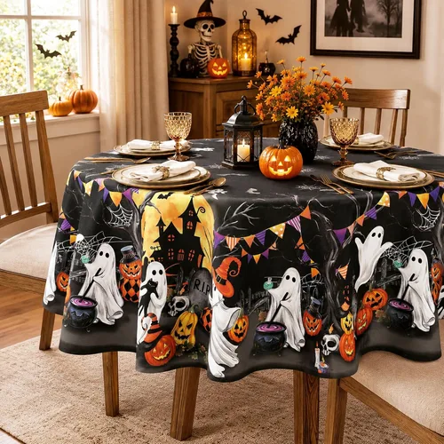 Vista 9 de Mantel rectangular de Halloween, color negro, 60 x 84 pulgadas Halloween 01