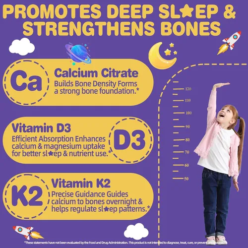 Vista 4 de Gomitas de glicinato de magnesio 400 mg para niños y adultos - Suplemento de magnesio liposomal con D3, K2 y calcio para dormir, calma y huesos, sin