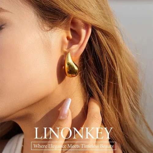 Vista 3 de LINONKEY Juego de 3 pares de aretes de oro con forma de lágrima para mujer, grandes, medianos, pequeños, gruesos, hipoalergénicos, chapados en oro