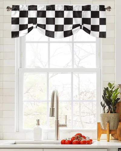 Vista 4 de Cortinas modernas de mosaico en blanco y negro para sala de estar, dormitorio, baño, ventana de cocina, cenefa de panel con bolsillo para barra