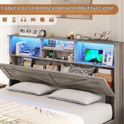 Vista 3 de VIAGDO Bastidor de cama estilo granja tamaño completo con cabecero de almacenamiento tipo librero, estación de carga y luces LED, bastidor de cama