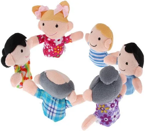 Vista 3 de Juego de 6 mini abuelos, juego de marionetas de dedo, marionetas de terciopelo de tela, 6 personas, miembros de la familia, marionetas de dedo