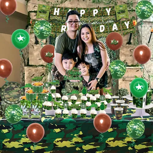 Vista 3 de Decoraciones de fiesta de cumpleaños de camuflaje para niños, niñas y adultos, pancarta de camuflaje de feliz cumpleaños, mantel, globos de látex