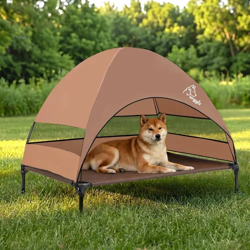 Vista 13 de Cama elevada mejorada para perros con toldo, cama elevada portátil para perros al aire libre con pies antideslizantes estables, cama para mascotas