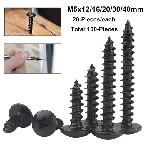 Vista 2 de 100 tornillos de madera Phillips M5 x 12/16/20/30/1.575 in, cabeza de truss negra, tornillos de hoja de cabeza de hongo cruzados, tornillos