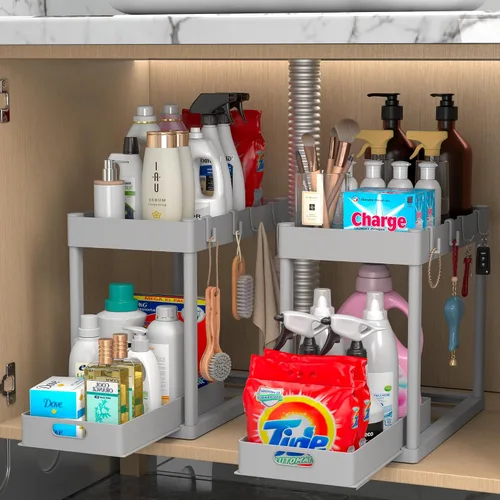 Vista 10 de Paquete de 2 organizadores de almacenamiento extraíbles, organizador para debajo del fregadero y almacenamiento para baño y cocina, organizadores