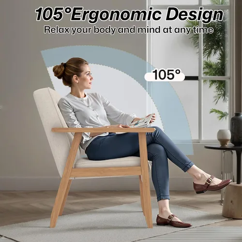 Vista 5 de Silla decorativa moderna con reposabrazos, silla de ocio tapizada de tela de lino con botón de respaldo y marco de madera para sala de estar, Beige