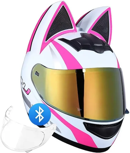 Vista 13 de Casco Bluetooth de motocicleta con orejas de gato, certificado DOT, casco de motocicleta de cara completa, lindos cascos de gato con visera HD