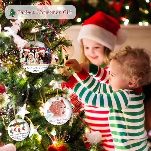 Vista 7 de Adorno de Navidad con foto personalizada 2024 con texto, adorno de Navidad personalizado para familiares, niños, amigos, parejas, bodas, recuerdos