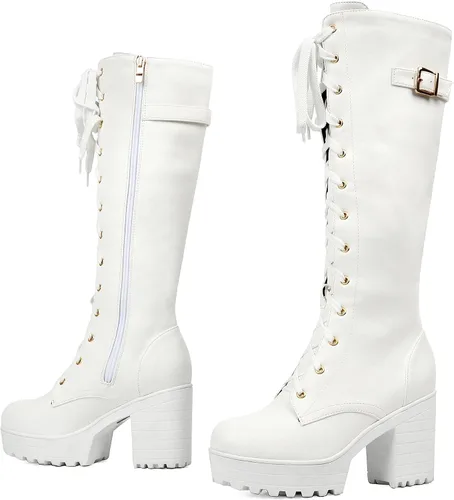 Vista 51 de Parisuit Botas góticas altas hasta la rodilla con hebilla de plataforma para mujer, tacón alto grueso, con cordones, botas de combate punk, con Negro