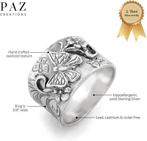 Vista 3 de PZ Paz Creations Anillo de plata de ley 925 con diseño floral de mariposa para mujer, regalo de joyería bohemia de estilo vintage, anillos gruesos