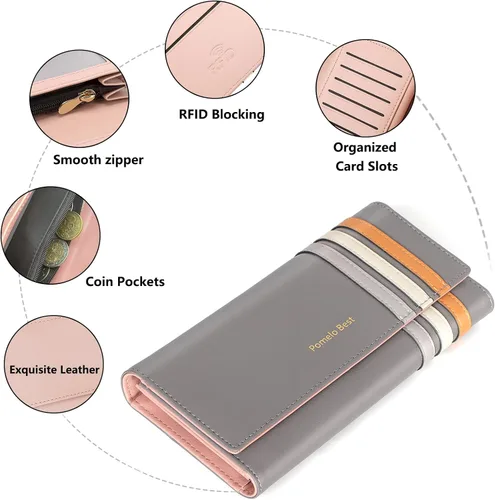 Vista 5 de Pomelo Best Cartera para mujer, cartera para mujer, cartera para mujer 2024, cartera de cuero con bloqueo RFID con múltiples ranuras para tarjetas
