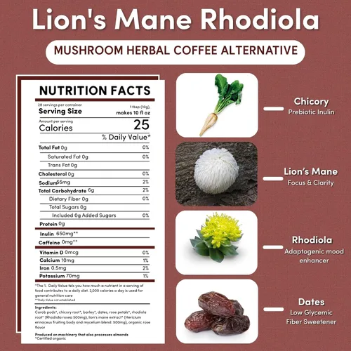 Vista 2 de Teeccino Lion’s Mane Rhodiola Café alternativo de setas adaptogénicas - Rosa - Café de setas herbal con sabor a mane de león y rhodiola, tostado