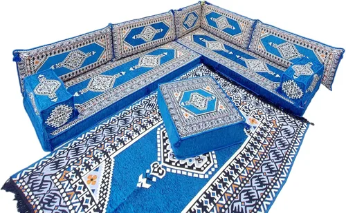 Vista 9 de arabicsofa Juego de sofá árabe en forma de U - Asiento modular azul real para habitación de invitados