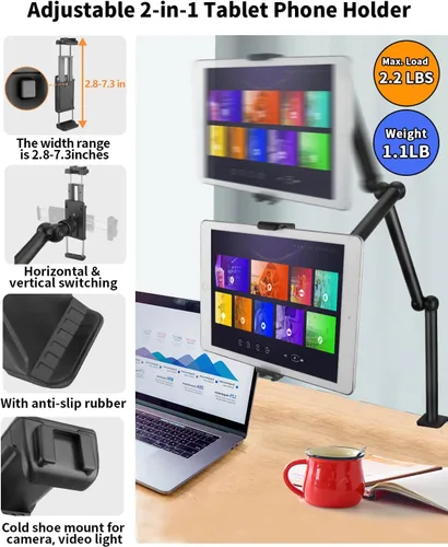 Vista 2 de HEMMOTOP Magic Arm Soporte de escritorio/abrazadera, brazo de cámara ajustable de 28 pulgadas para iPad, soporte de iPhone superior, para micrófono