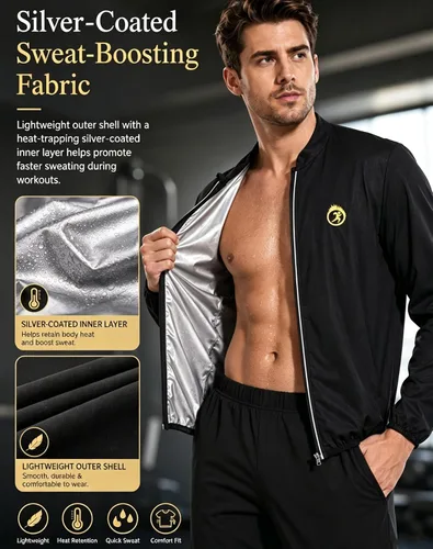Vista 4 de NINGMI Traje de sauna para hombre, chaqueta para sudar, camisa de manga larga, trajes de entrenamiento con cremallera, gimnasio, ejercicio, fitness