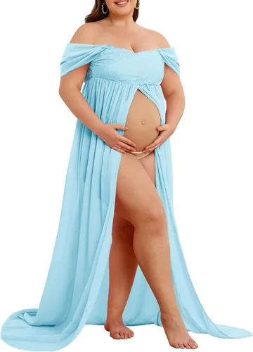 Vista 2 de Vestido de maternidad para sesión de fotos con hombros descubiertos, vestido de gasa con abertura frontal, maxi vestidos de embarazo para fotografía