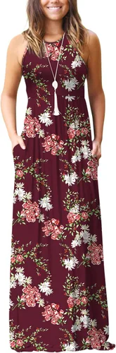 Vista 9 de DEARCASE Vestido largo de verano sin mangas para mujer, con bolsillos E10-floral Negro Azul