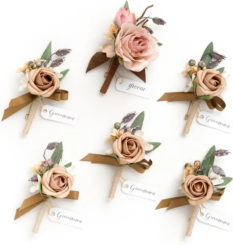 Vista 33 de Ling's Moment Boutonniere para Hombres Boda, Juego de 6, Novio y Padrinos Boutonniere para Boda Regreso a Casa Halloween Ceremonia Aniversario, Cena