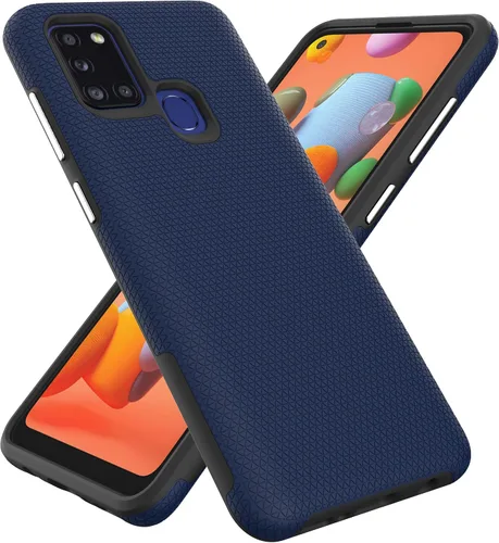 Vista 7 de Funda para Samsung Galaxy A21S, doble capa, agarre mejorado, arañazos, textura rígida, botón independiente (negro)