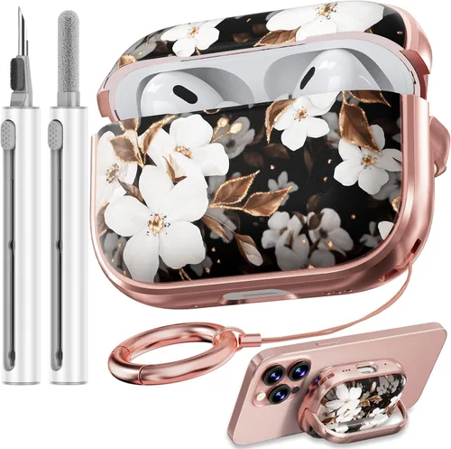 Vista 37 de Inesore Funda con bloqueo de seguridad para AirPods 4 2024, bonita funda floral para AirPod de 4ª generación para mujeres con kit limpiador