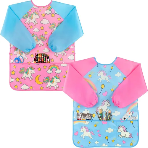 Vista 9 de Oiomniv Delantal de Arte para Niños – Delantal de Pintura de Manga Larga Impermeable con 3 Bolsillos, Delantal Lavable para Niños Pequeños y Niños