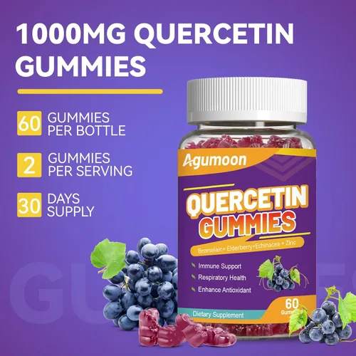 Vista 8 de Gomitas de quercetina, 1000 mg de quercetina con bromelina y zinc saúco, apoyo inmunológico y antioxidante, gomitas veganas para adultos y niños, 60