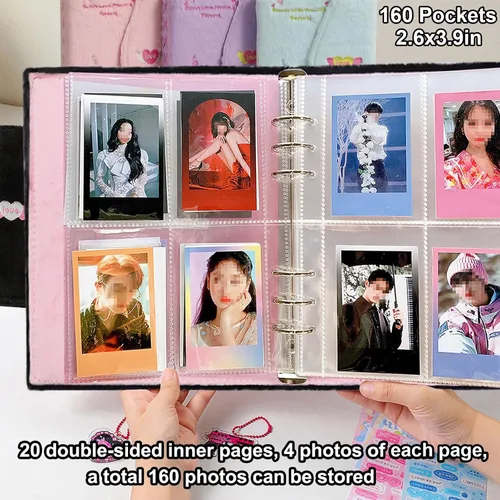Vista 5 de Carpeta A5 Kpop - Álbum de fotos de felpa con 20 fundas interiores de 3 pulgadas para álbum de fotos en hojas sueltas, rellenable, 6 anillos, Negro