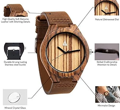 Vista 4 de Treehut - Reloj de pulsera para hombre de cuarzo de madera con correa de cuero de calidad superior