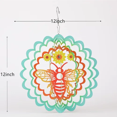 Vista 7 de Kinetic - Adorno colgante de metal 3D con diseño de abeja y viento para el hogar y el jardín, diseño de mandala de abeja de 12 pulgadas, molinos