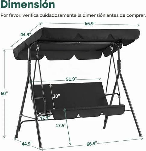 Vista 3 de MCombo - Silla de columpio para patio al aire libre, sillón balanceable con toldo ajustable para 3 personas, cojines extraíbles, 4003