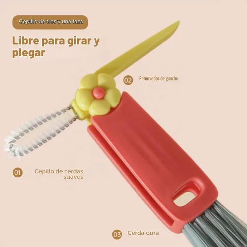 Vista 6 de Cepillo de limpieza de tapa de taza 3 en 1, cepillo portátil multifuncional de grietas para tapa de botella, espacios estrechos de botella, cepillo