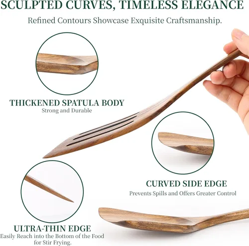 Vista 3 de Bkiok Cuchara de madera para cocinar, juego de utensilios de cocina de madera de teca hechos a mano, espátula plana y espátula ranurada
