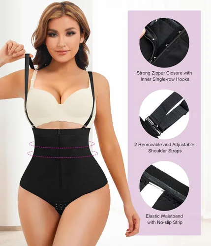Vista 3 de YERKOAD Tanga sin costuras para mujer, con cremallera, doble control de abdomen, cintura alta, ropa interior adelgazante