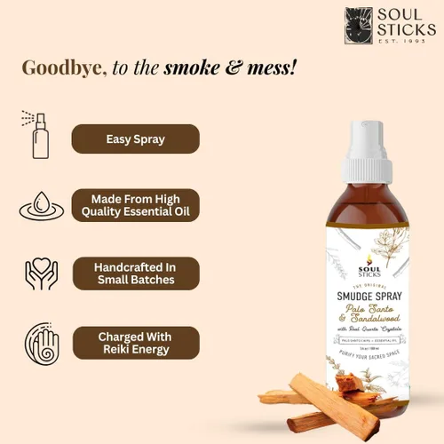 Vista 4 de SOUL STICKS Spray de Palo Santo y Sándalo para Limpieza y Energía Negativa Spray de Palo Santo 3.5oz con Cristales de Cuarzo Reales Spray