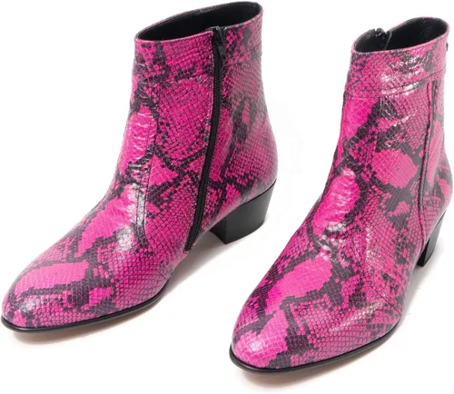 Vista 2 de Club Cubano EMMANUEL Botas de tacón cubano de piel con estampado de serpiente para hombre color magenta neón