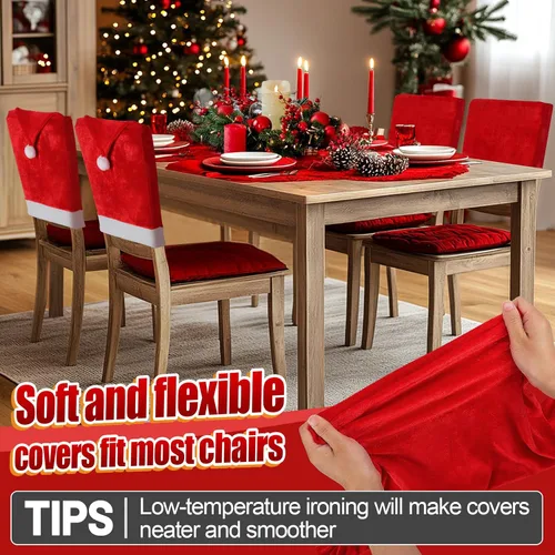 Vista 4 de ANPHSIN Fundas de silla de Navidad de terciopelo - Fundas de respaldo de silla de Papá Noel, juego de 4 fundas para asiento de mesa de comedor rojas