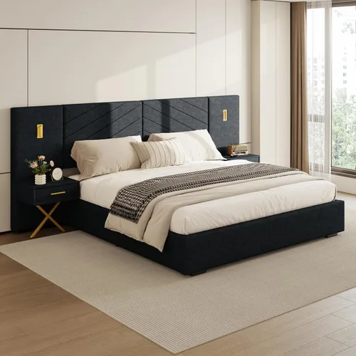 Vista 17 de DEINPPA Base de cama Queen de lujo con luces LED doradas integradas y mesitas de noche, cama de plataforma tamaño Queen con cabecera tapizada