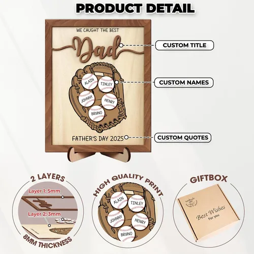 Vista 3 de Regalos personalizados de béisbol con texto en inglés «We Caught the Best Dad», regalos para el Día del Padre de parte del hijo, marco de madera