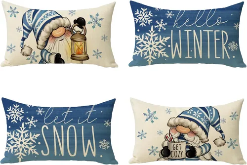 Vista 7 de Juego de 4 fundas de almohada decorativas de árbol de pino de Navidad de 18 x 18 pulgadas, bolas de alegría de Navidad, copos de nieve dorados