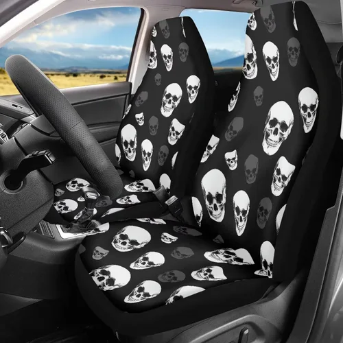 Vista 2 de UNICEU Juego de 2 fundas de cojín para asiento de automóvil, diseño de calavera gótica negra, lavable, accesorios interiores antideslizantes