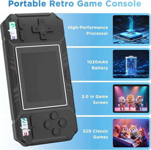 Vista 5 de Consola de Juego Portátil, 520 Juegos Retro, Pantalla LCD de 3.0 Pulgadas y Batería de 1020mAh, Consola de Juego Portátil de Regalo para Niños