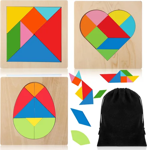 Vista 11 de Yunsailing Paquete de 3 rompecabezas grandes de madera hexagonal Tangram rompecabezas de madera rusa para adultos desafío teasers geométrico, lógica