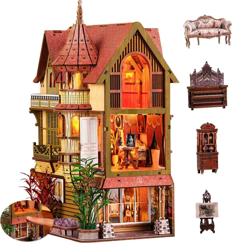 Vista 13 de fifijoy Kit de rincón de libros, casa de muñecas en miniatura para adultos y adolescentes, rompecabezas de madera 3D con luz LED, decoración retro