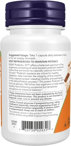 Vista 3 de NOW Foods Suplementos, Probiotic-10™, 100 mil millones, con 10 cepas probióticas, libre de lácteos, soja y gluten, cepas verificadas, 30 cápsulas