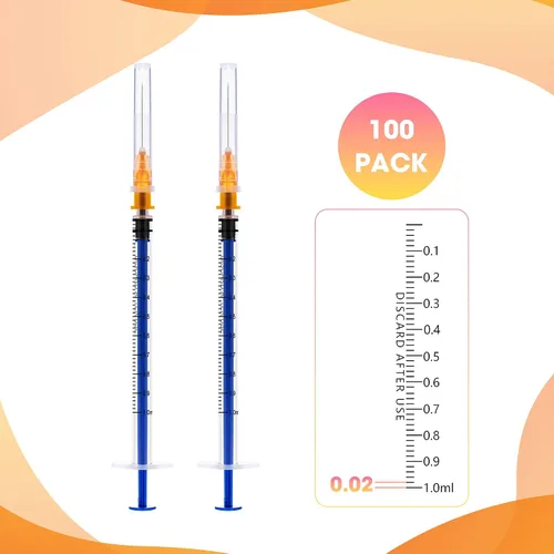Vista 3 de Paquete de 100 jeringas de 1ml con aguja - 25G 1 pulgada Jeringa desechable de 1cc para uso en laboratorio científico, estéril envuelta
