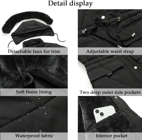 Vista 6 de MOERDENG Abrigo de plumas de invierno cálido para mujer, chaqueta de plumón con forro polar grueso, capucha desmontable de piel sintética, parka