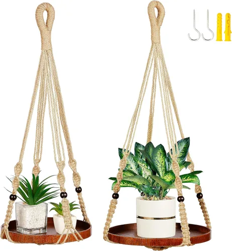 Vista 8 de Colgador de macramé de 2 niveles Colgador de plantas para interiores, maceta colgante Estante para macetas colgantes (beige)
