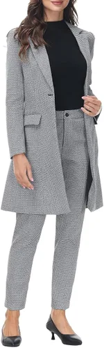 Vista 3 de MODFUL Conjunto de 2 piezas de blazer largo con pantalones para mujer, a cuadros, elegante, para oficina casual de negocios